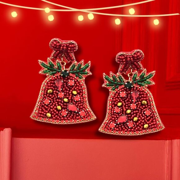 Jingle Bells Crystal & Seed Beaded Christmas Statement Earrings NEW - Picture 1 of 6